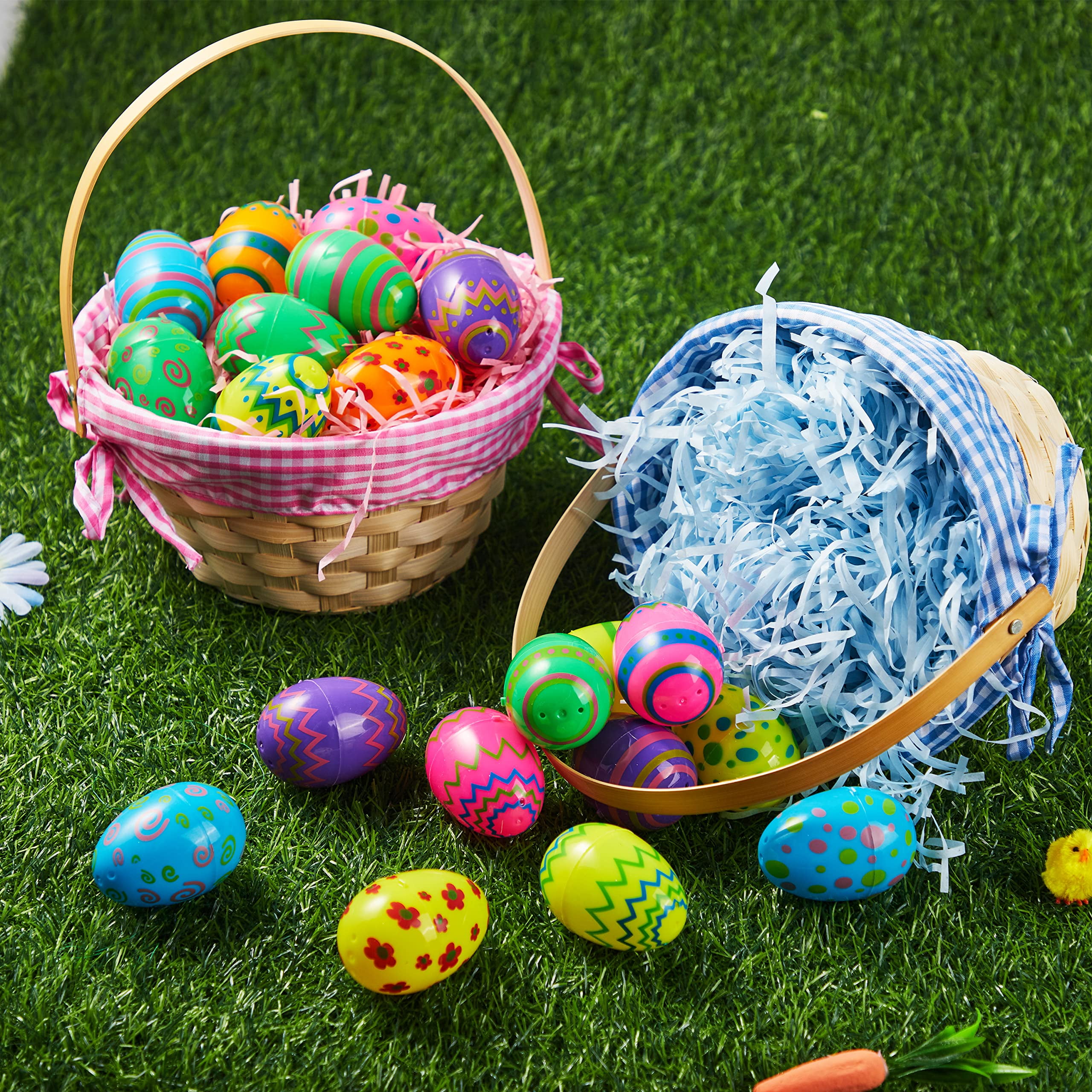 Joyfy 4 Pcs Easter Baskets with 4 Colors Grass Paper Shreds, Easter Woven Basket with Handles for Kids, (9" X 8") Easter Baskets for Easter Egg Hunt, Filling with Party Favors