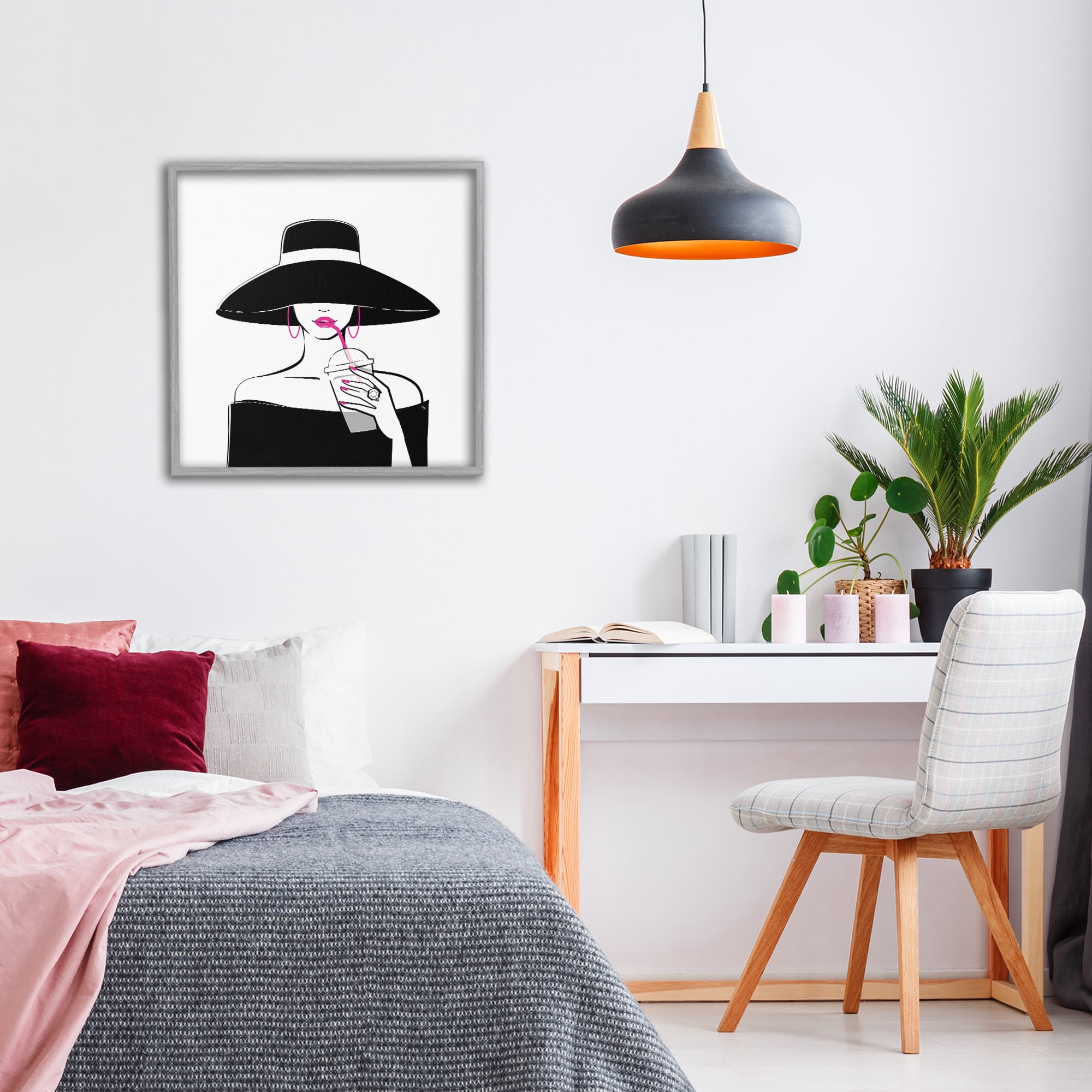 Stupell Industries Chic Black Hat Sipping Coffee Gray Framed Giclee Art, design by Martina Pavlova