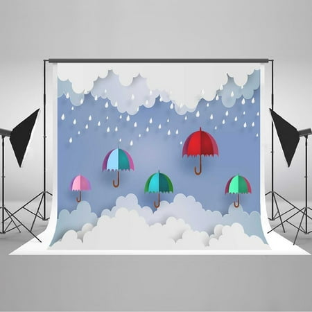 HelloDecor Polyster 7x5ft Cartoon Cloud Rain Colorful Pink Umbrella Children Newborn Birthday Party Photography Backdrop for Studio Family Happy Playing Background
