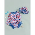 thumbnail image 5 of Toddler Baby Girl 4th Of July Rash Guard Swimsuit Zip Up Ruffled Long Sleeve Crew Neck Swimwear Star Print Bathing Suit with Sun Hat Fourth Of July Outfits, 5 of 8