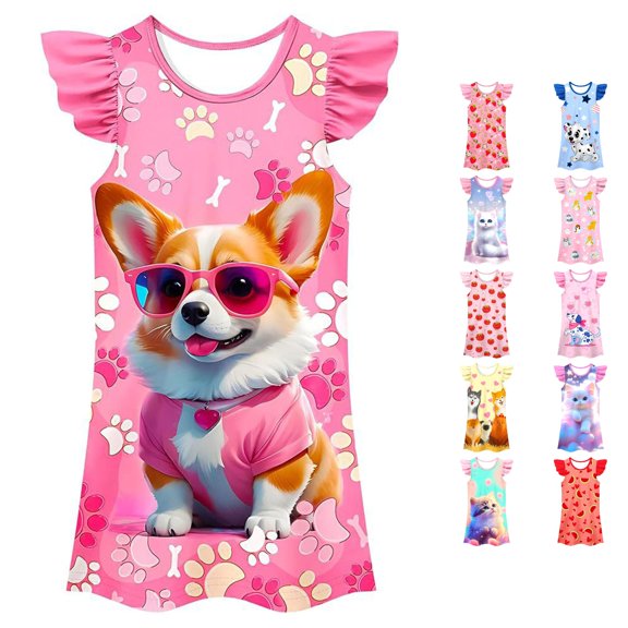 WAYUTE Girls Dress Summer Dresses Casual Cartoon Animal Print Sleeveless Play Dress for Toddler Kids Comfortable Loose Fit Nightdress,Hot Pink