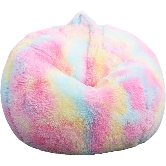 Fluffy Stuffed Animal Storage Bean Bag Chair Cover (No Filler), Faux Fur Comfy Bean Bag Cover for Organizing Plush Toys or Textile, for Adults Teens Kids Girls, Rainbow
