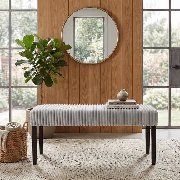 Home Design Guymon Modern Rectangular Upholstered Dining Bench with Corduroy Fabric and Wood Legs, Light Gray