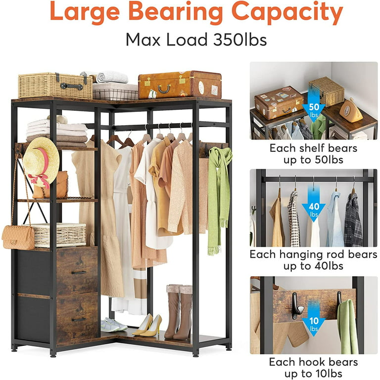 Tribesigns 86 inches Tall Freestanding Closet Organizer with Shelves and 2  Fabric Drawers, Heavy Duty Clothes Rack with 3 Hanging Rods, Garment Rack