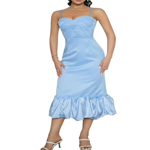 Robe Maxi à Bretelles Spaghetti pour Femmes, Sans Manches, Dos Nu, Ourlet à Volants, Longue Robe de Sortie