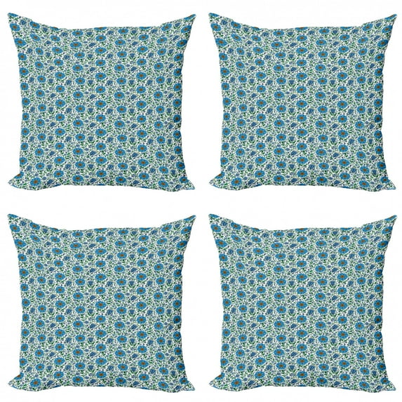 Floral Throw Pillow Cushion Case Pack of 4, Continuous Eastern Themed European Flower Motifs in Style Art, Modern Accent Double-Sided Print, 4 Sizes, Sea Blue Umber, by Ambesonne