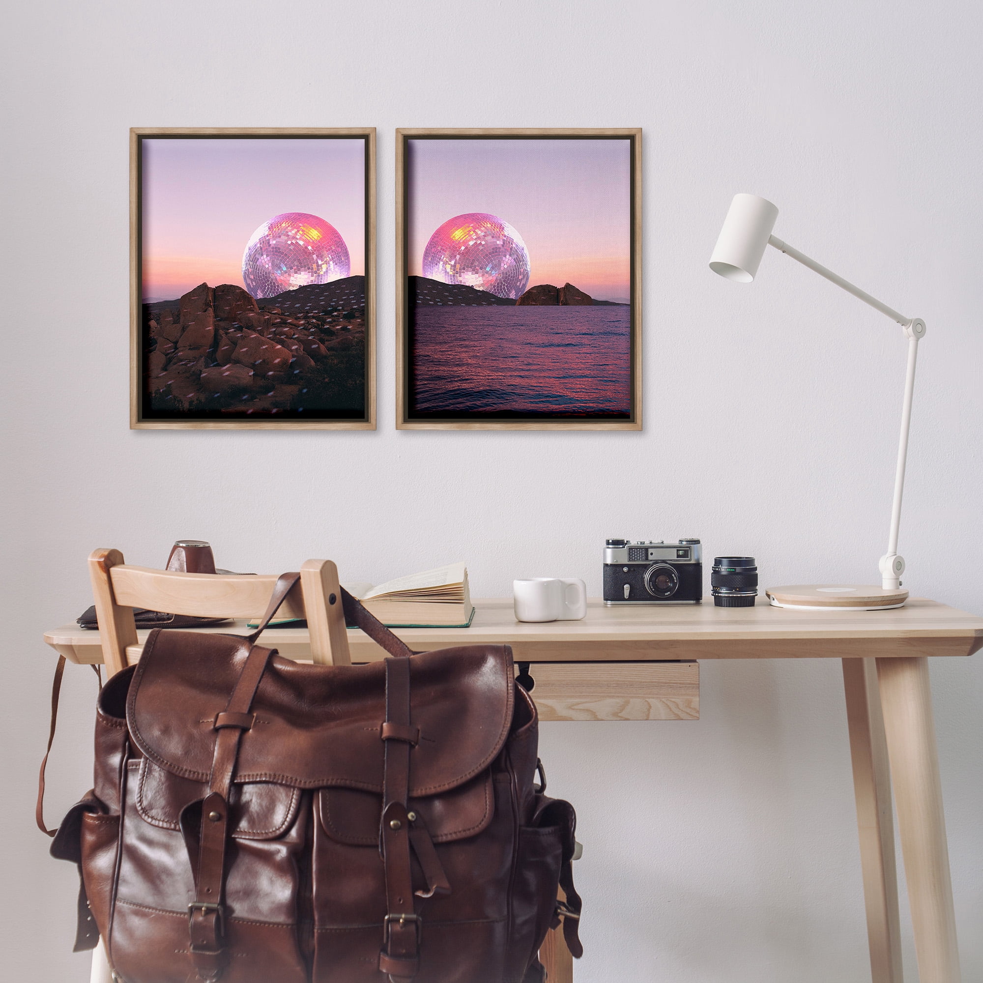 Stupell Industries Surreal Disco Ball Landscape Landscape Painting Brown Floater Framed Canvas Art Print Wall Art, 17 x 21, Set of 2