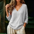 thumbnail image 3 of Nugftut Tops for Women Plaid V Neck Blouse Long Sleeve Loose Casual Shirts, 3 of 7