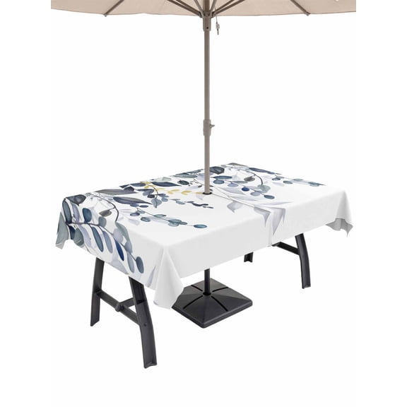Teal Gray Eucalyptus Leaves Outdoor Tablecloth with Umbrella Hole, Farmhouse Botanical Watercolor Waterproof Outdoor Table Cover, Patio Tablecloths for Party Picnic Camping, Rectangle 60"x120"