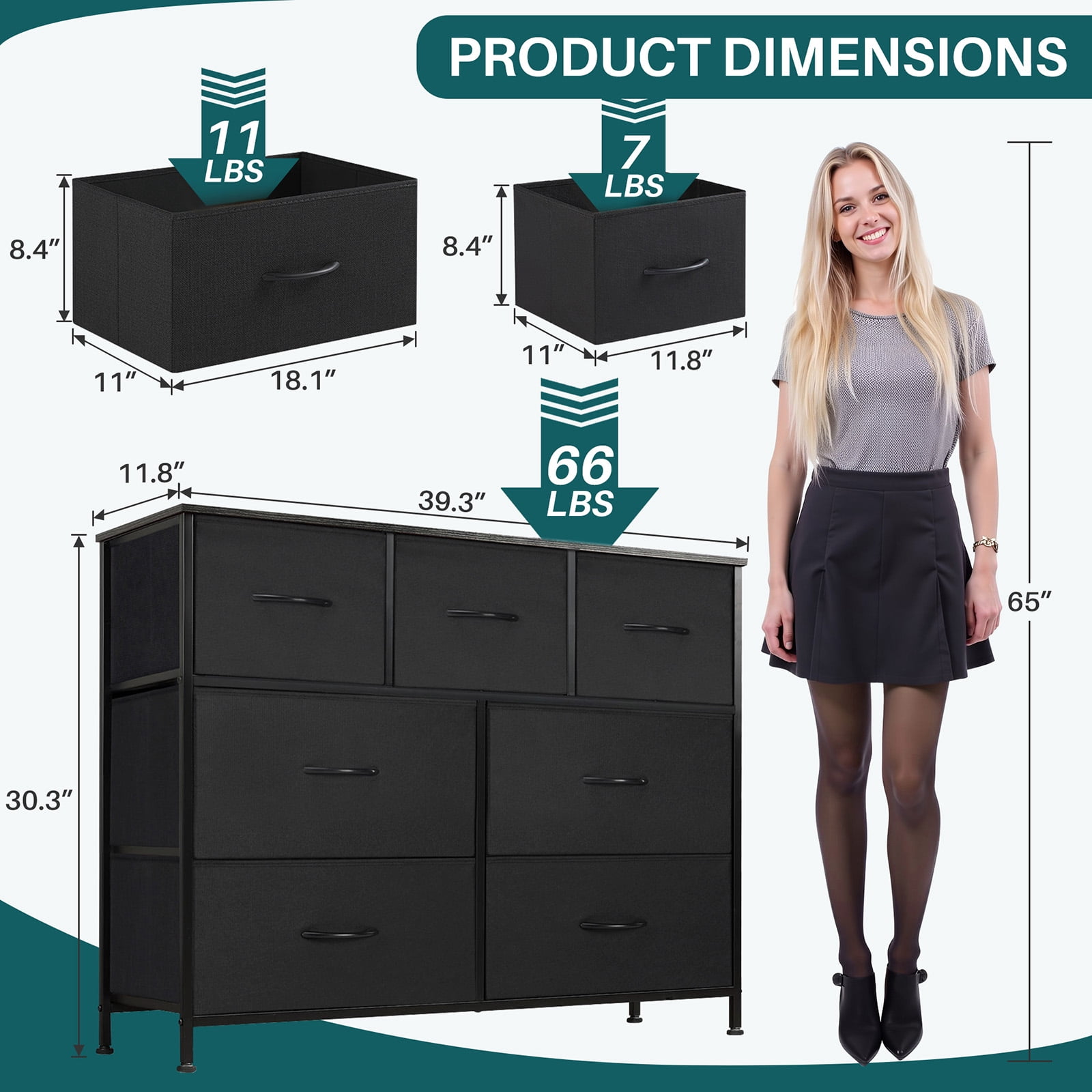 Nextay 7-Drawer Fabric Dresser TV Stand for 45" TV, Storage Dresser Closet with Steel Frame & Wooden Top for Living Room, Dressing Room, Entryway, Black