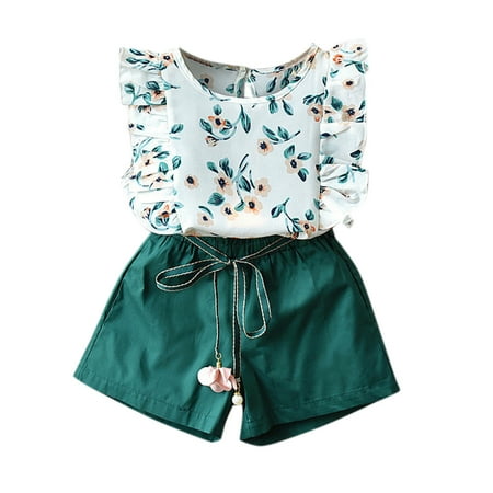 

T-Shirt Kids Girls Baby Solid Shorts Toddler Floral Ruffle Set Tops+ Girls Outfits&Set