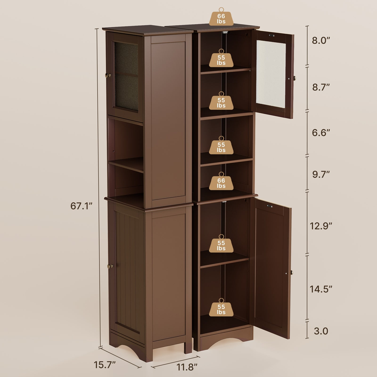 Aiho 67.1" Tall Bathroom Storage Tower, Freestanding Narrow Linen Cabinet with 2 Doors and Adjustable Shelves, Space Saver for Bathroom, Living Room, Dark Brown