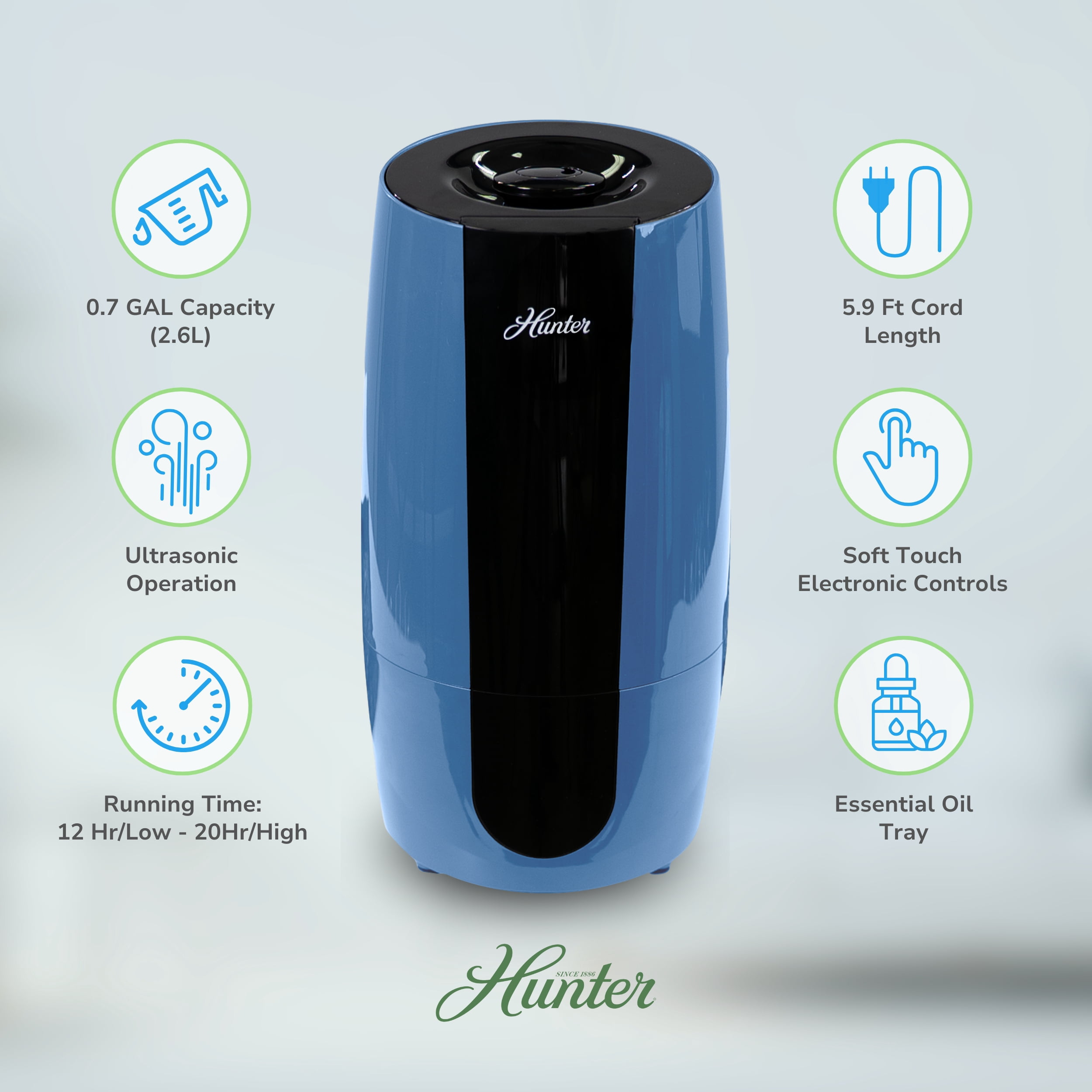Hunter HHU400 Aspire Cool Mist 0.7 Gal Ultrasonic Humidifier, Denim