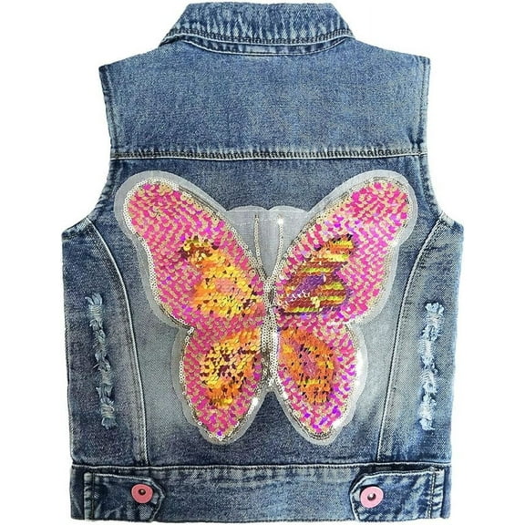 Peacolate Little Big Girls Denim Vest Distressed Sleeveless Jacket,Butterfly,3-4Years