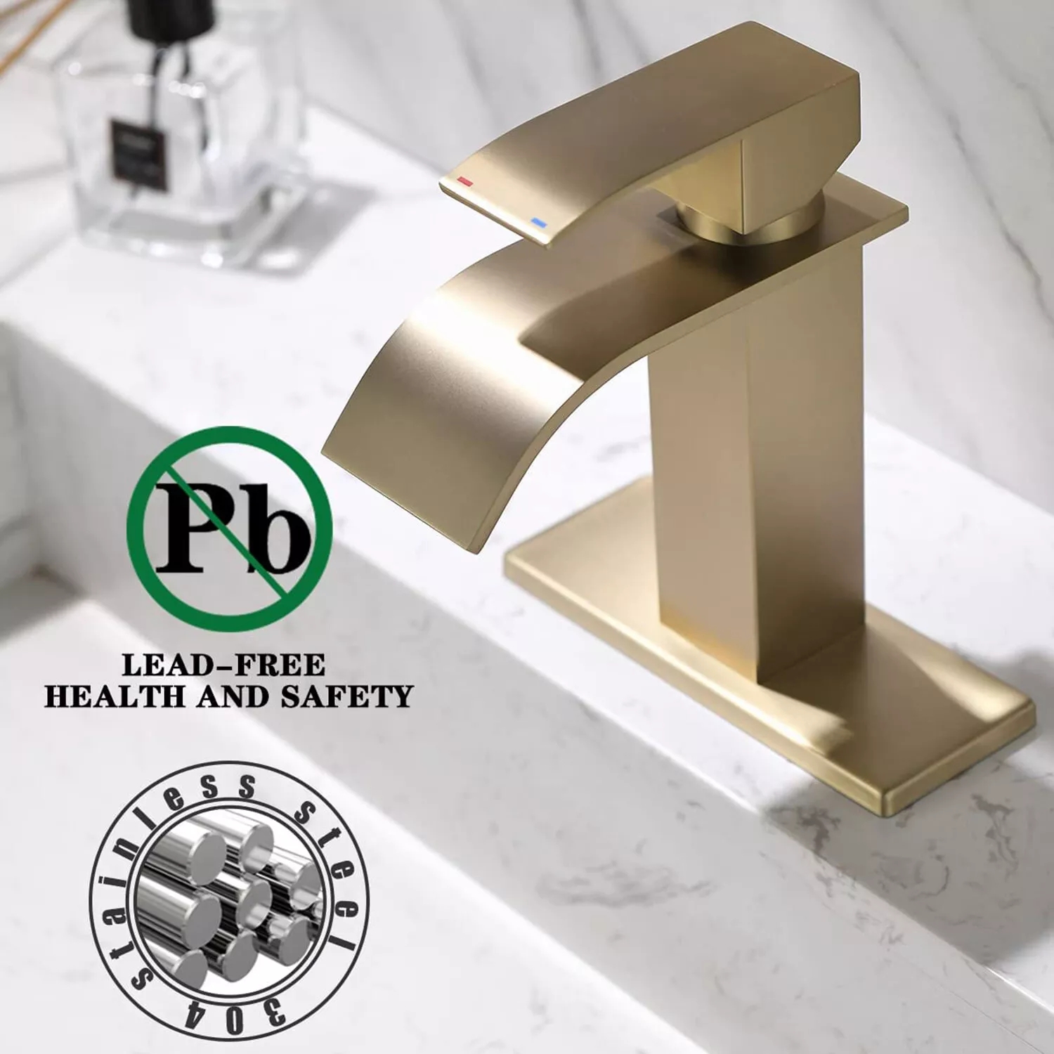 Brushed Gold Single Handle Bathroom Sink Faucet Waterfall Vanity Mixer w/Drain
