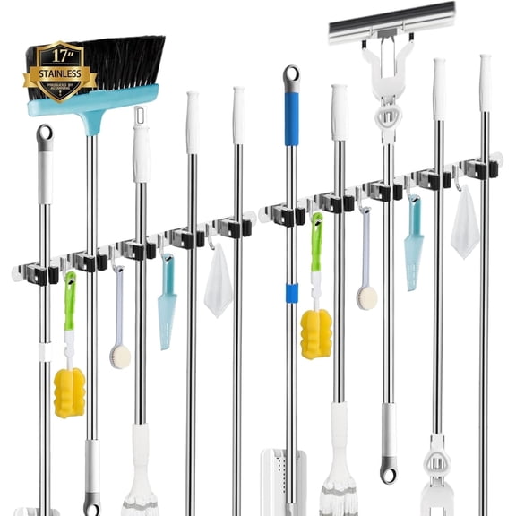 PLERISE Mop and Broom Holder Wall Mount 2 Pack, 5 Racks 4 Hooks Broom Organizer, Stainless Steel Heavy Duty Self Adhesive, for Home Kitchen Garage