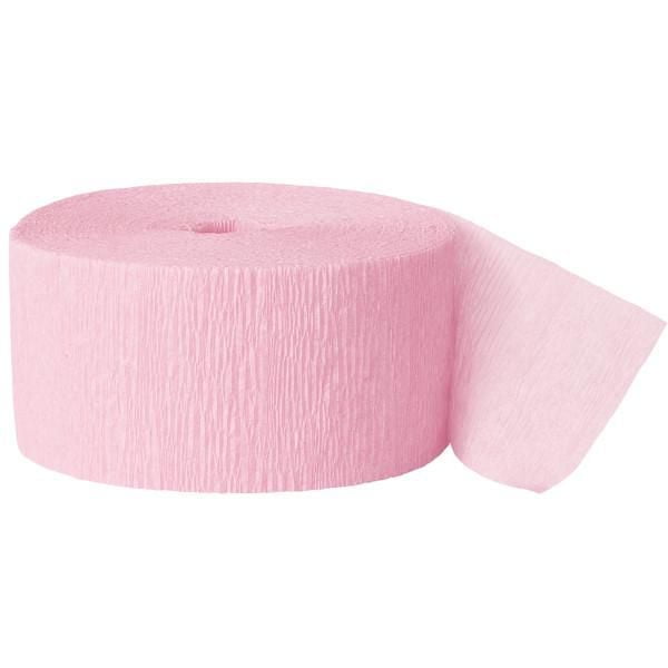 Pastel pink crepe paper streamer roll, 81 feet long, with textured surface.