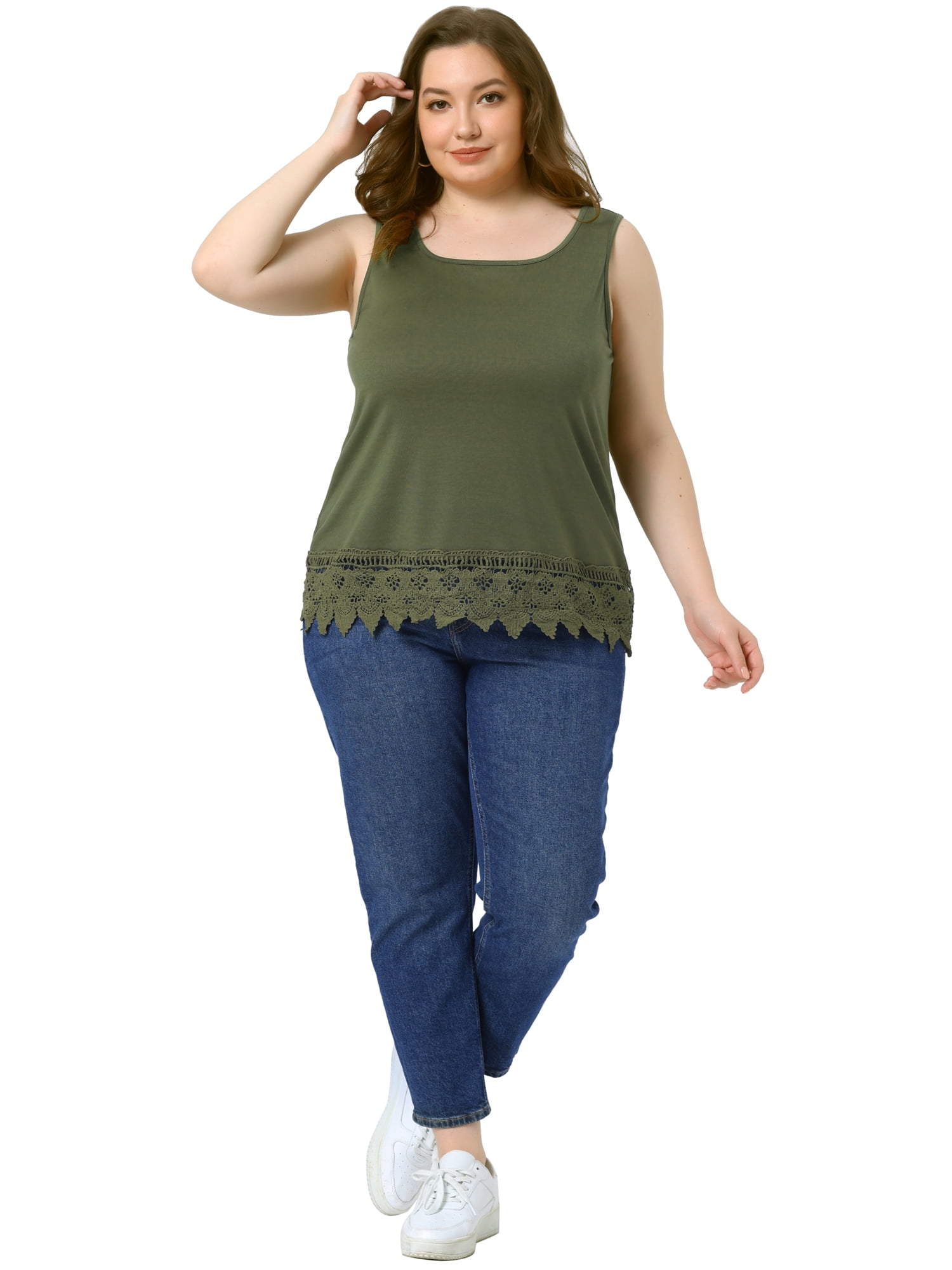 DARING DIVA Women's Plus Tank Tops Round Neck Swing Lace Panel Flowy Tops 4X Army Green