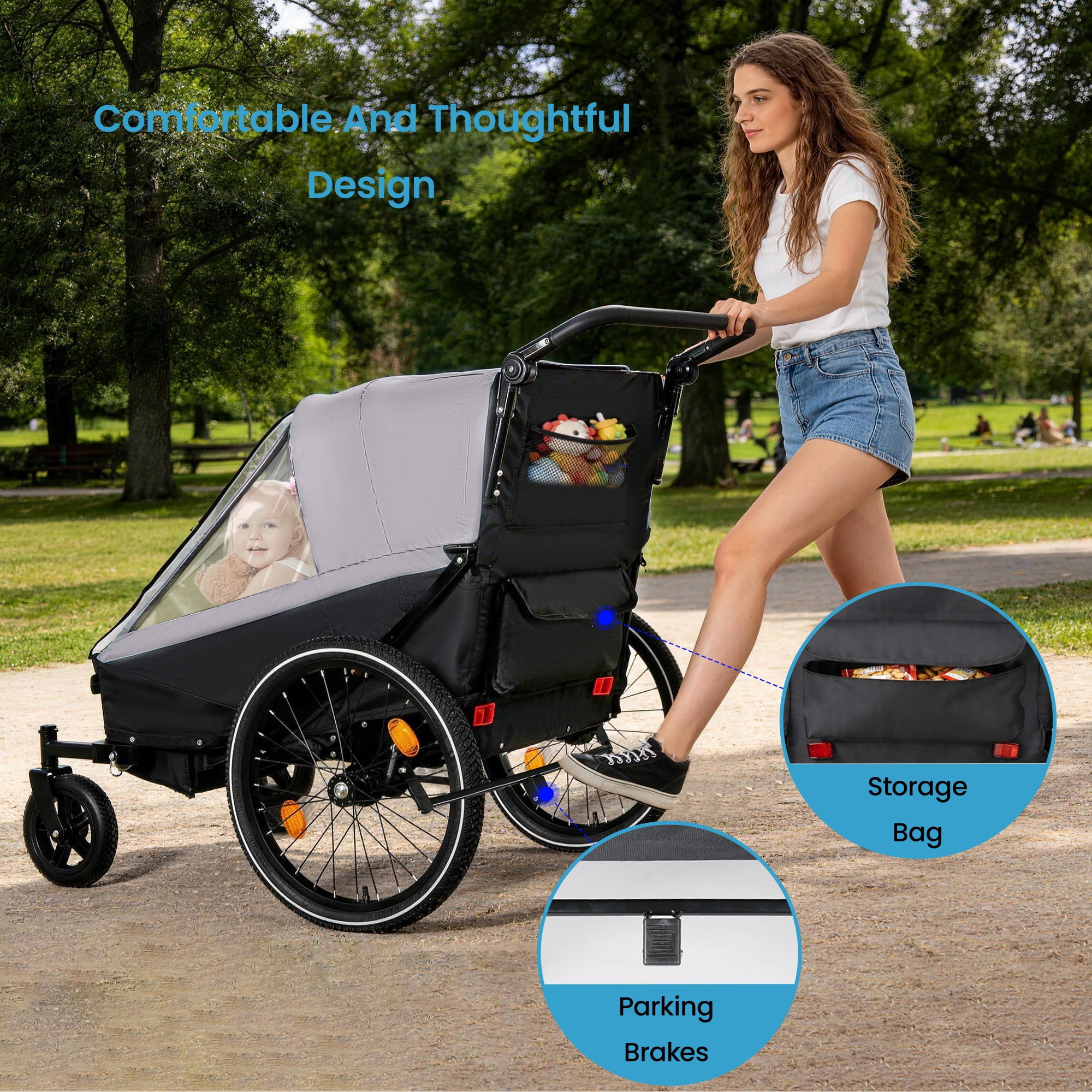 2 in 1 Kids Bike Trailer & Stroller, Jogging Design for 1-2 Children, Foldable with Universal Hitch, 5-Point Harness & Storage Bags for Outdoor Use