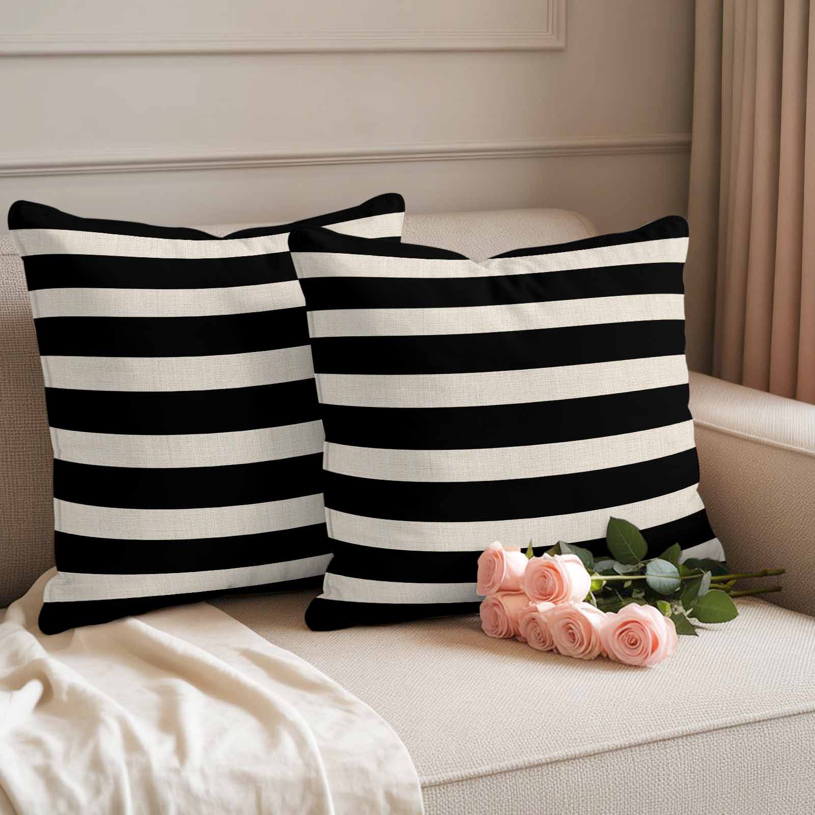Black Beige Striped Outdoor Waterproof Pillow Covers, Vintage Geometric Line Simple Decorative Square Throw Pillowcase Sofa Cushion Sham for Patio/Couch/Chair, 16"x16" 2 Pack