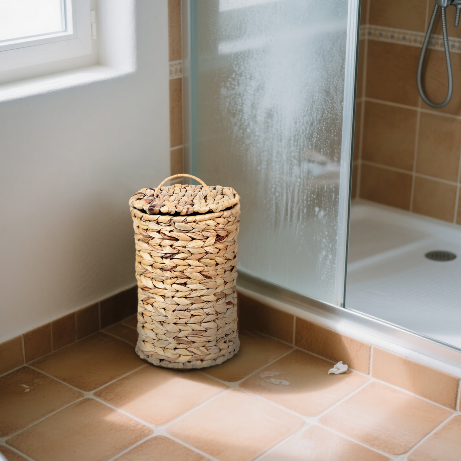 Handwoven Gourd Grass Trash Can with Lid – Rustic Wicker Bathroom Trash Can | Multi-Functional Waste Bin for Kitchen, Office & Home Decor