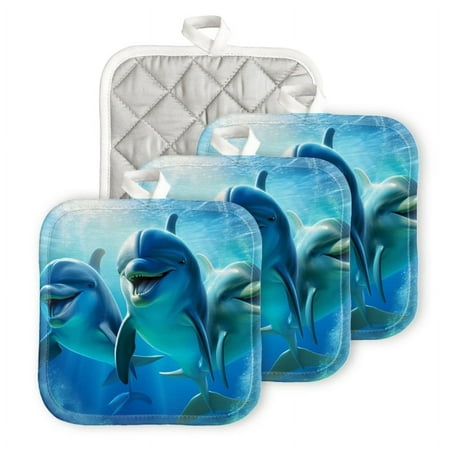 

BaHomeck Heat Resistant Hot Pads 4 pack Cute Smiling Dolphins Swimming In The Blue Sea Square Pot Holder for Kitchen Cooking oven And BBQ grill with Hanging Loop Potholder machine washable