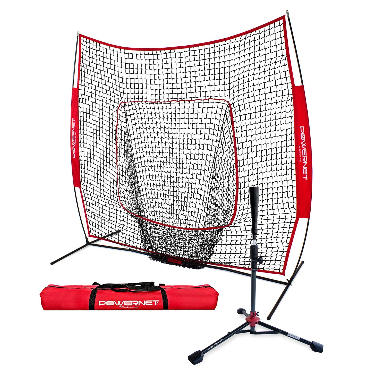 PowerNet 7x7 Baseball Softball Net and Tee Bundle | Durable Construction |  Solo Batting Practice for Improved Hitting