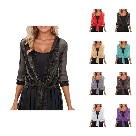 Glitter Bolero Shrug for Women Half Sleeve Sparkle Sheer Mesh Shiny Silk Lightweight Tie Front Dressy Cropped Cardigans