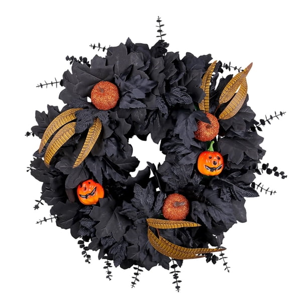 Corona de Halloween decorativa para puerta principal, calabaza artificial con purpurina para jardín, , decoración de festivales, interior y