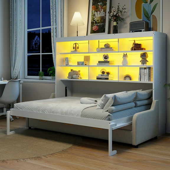 Euroco Full Size Murphy Bed with Storage Shelves and LED Light, Heavy Duty Wall Bed with Folding Sofa, Beige