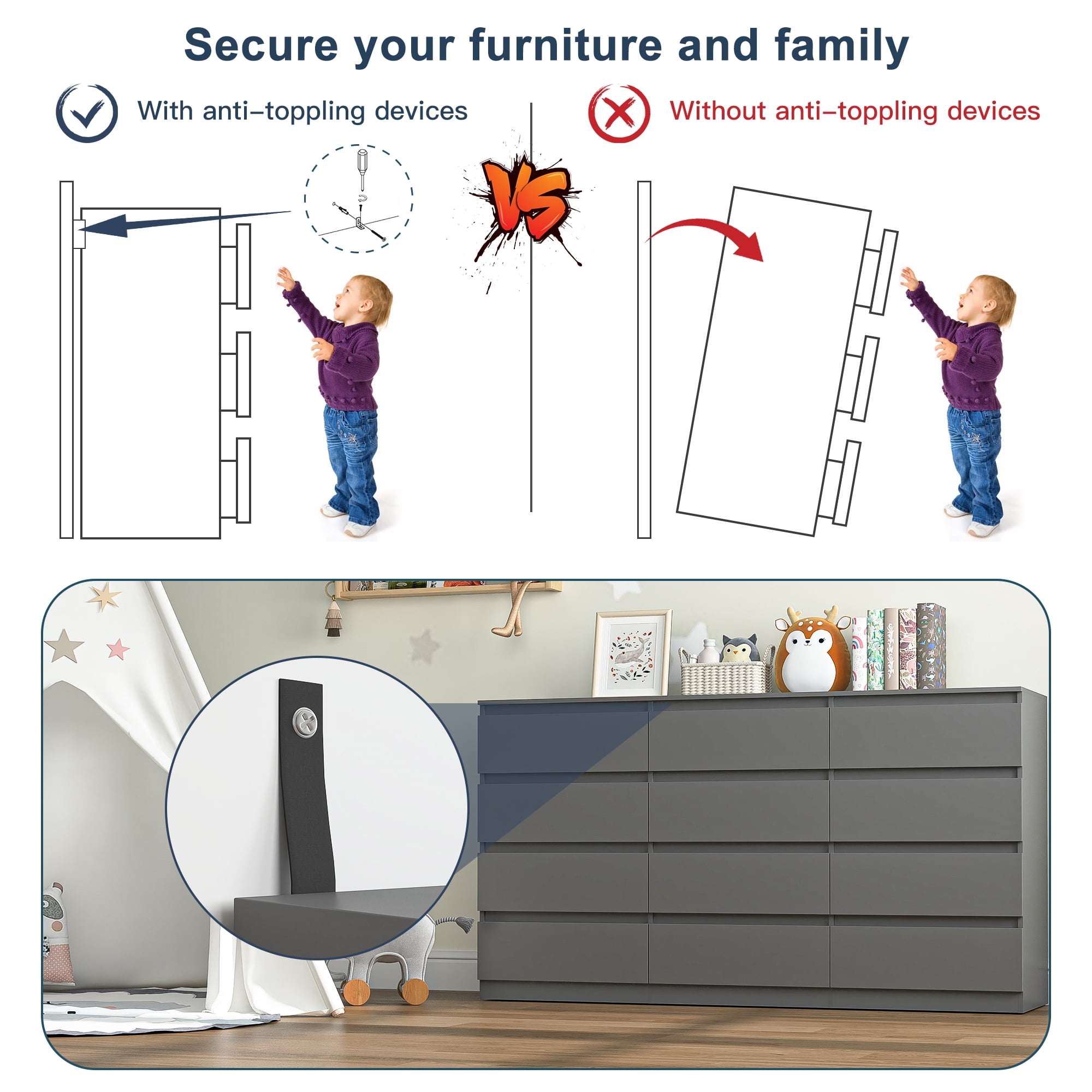 Demi Bonn 12 Drawer Double Dresser, Modern 12 Chest of Drawers with Deep Drawers, Wide Storage Organizer Cabinet for Living Room, Gray