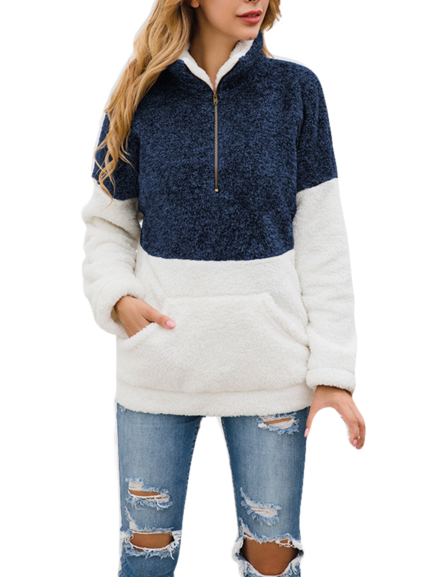 Wofupowga Women Long Sleeve Half-Zipper Contrast Color Casual Pullover Sweatshirt