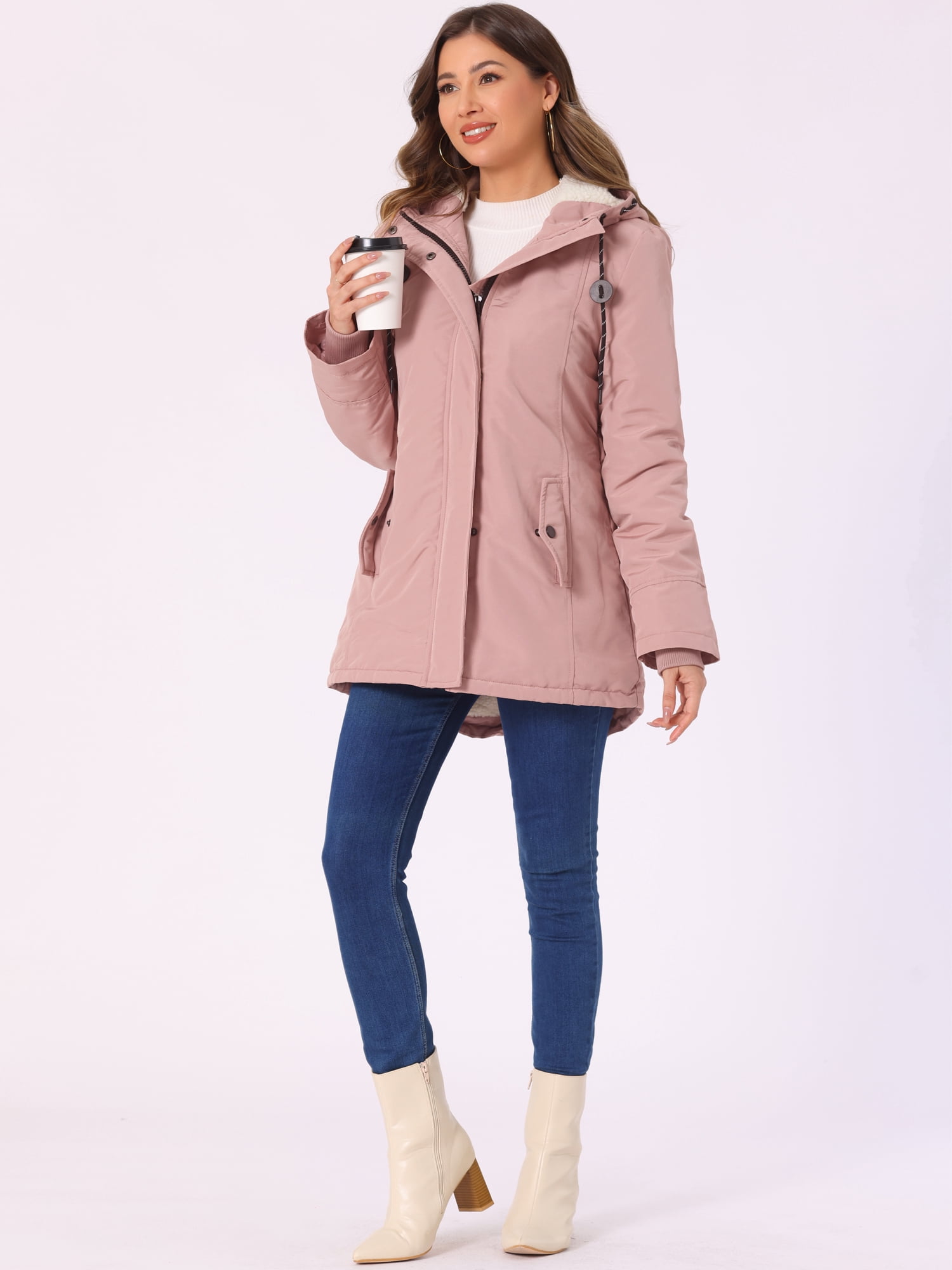 DARING DIVA Women's Winter Coat with Faux Fur Hood and Multiple Pockets L Pink