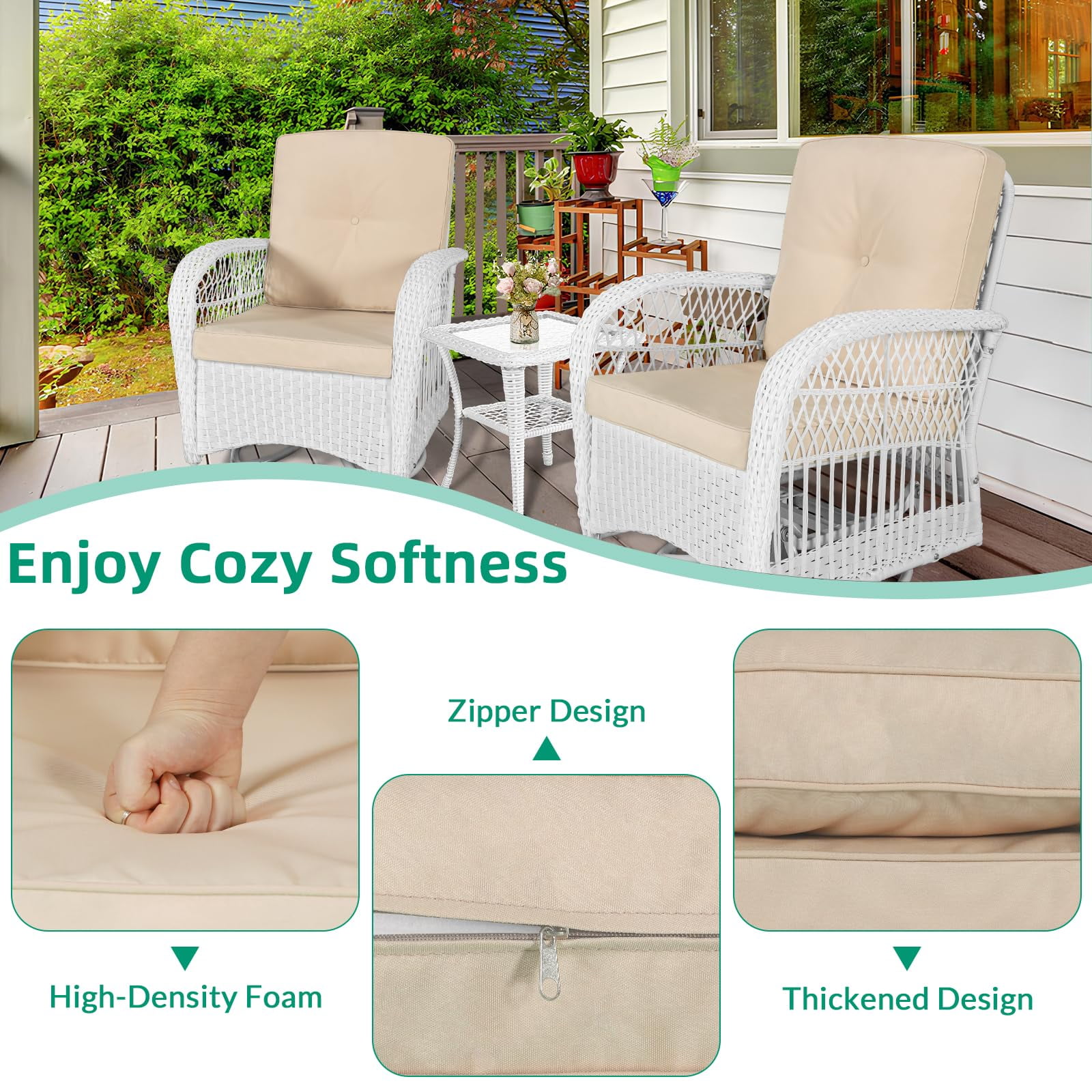 VIVIJASON 3-Piece Outdoor Conversation Bistro Set, Patio Swivel Glider Rocking Chairs Rattan Furniture Sets w/ 2 White Rattan Chairs, Glass Top Side Table for Porch Backyard, Beige Cushions