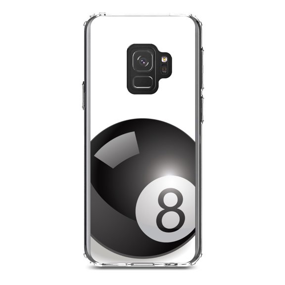 DistinctInk Clear Shockproof Hybrid Case for Samsung Galaxy S9 (5.8" Screen) - TPU Bumper, Acrylic Back, Tempered Glass Screen Protector - Black Eight Ball 8