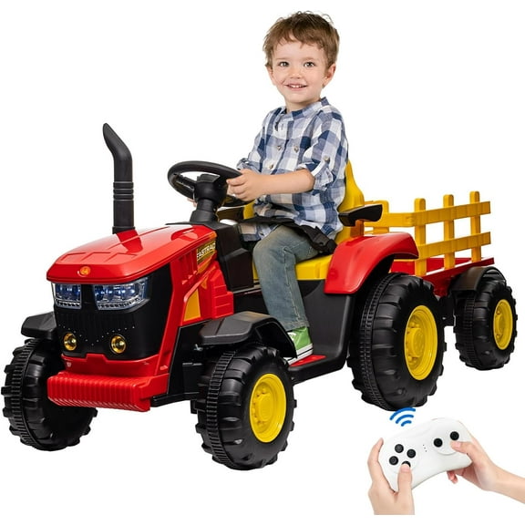 Lumiparty 12V Kids Ride On Tractor Car, Dual 35W Electric Vehicles with Safety Belt, Tractor Car Toy with Detachable Trailer and Remote Control, Music, Toy Tractor for Boys Girls, Red