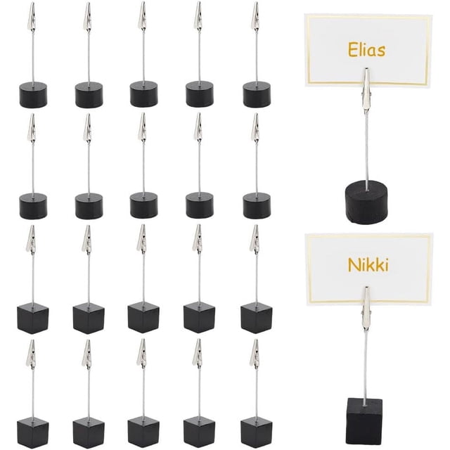 24 soportes para números de mesa con base cúbica, clips para notas, soportes para tarjetas de lugar, soportes de madera para fotos a granel para exhibidores de tarjetas de mesa.