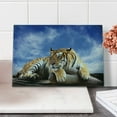 thumbnail image 2 of Safari Cutting Board, Tiger Sitting on Wood Clear Blue Sky Wildlife Morning Stripes Predator Print, Decorative Tempered Glass Cutting and Serving Board, Small Size, Blue Mustard Black, by Ambesonne, 2 of 5