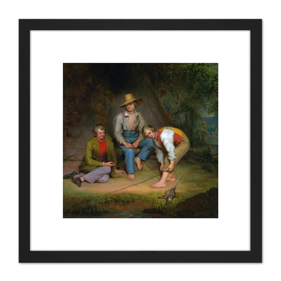 Le Clear Boys Fishing Painting 8X8 Inch Square Wooden Framed Wall Art Print Picture with Mount