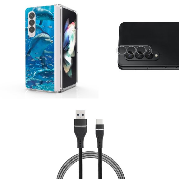 Accessory Bundle for Galaxy Z Fold 4: Slim Snap-On Case (Dolphins), Rear Camera Glass Protector, Nylon Braided USB-C to USB-A Cable (3 Feet)