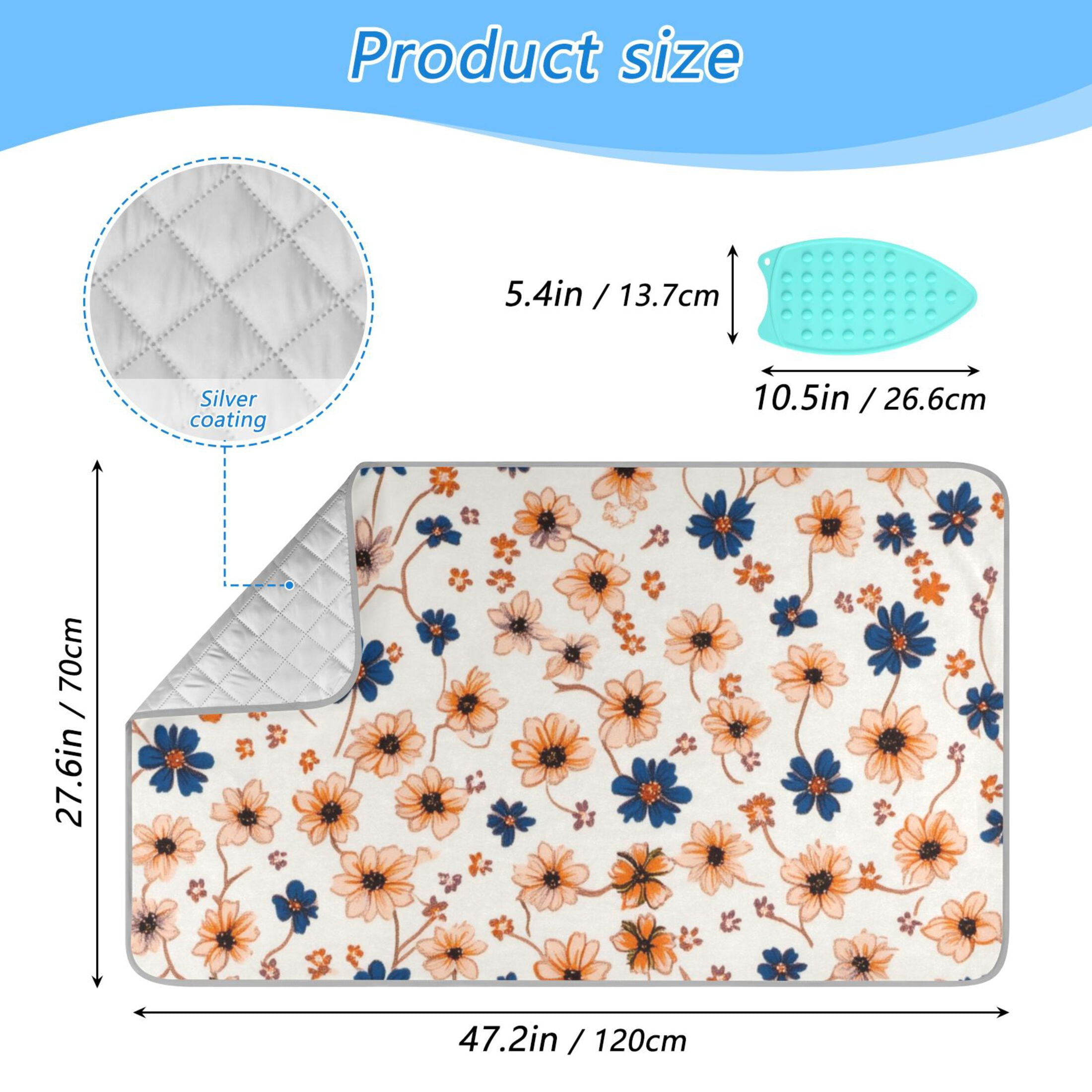 Bright Orange Blue Flowers Ironing Mat Blanket for Table Top Travel Portable Ironing Board Pad 47.2x27.6 Inch