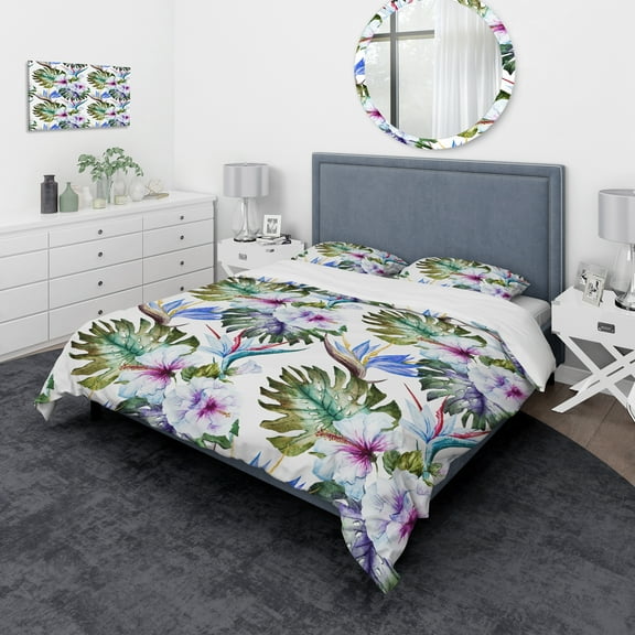 Designart 'Watercolor Hibiscus Patterns' Tropical Duvet Cover Set