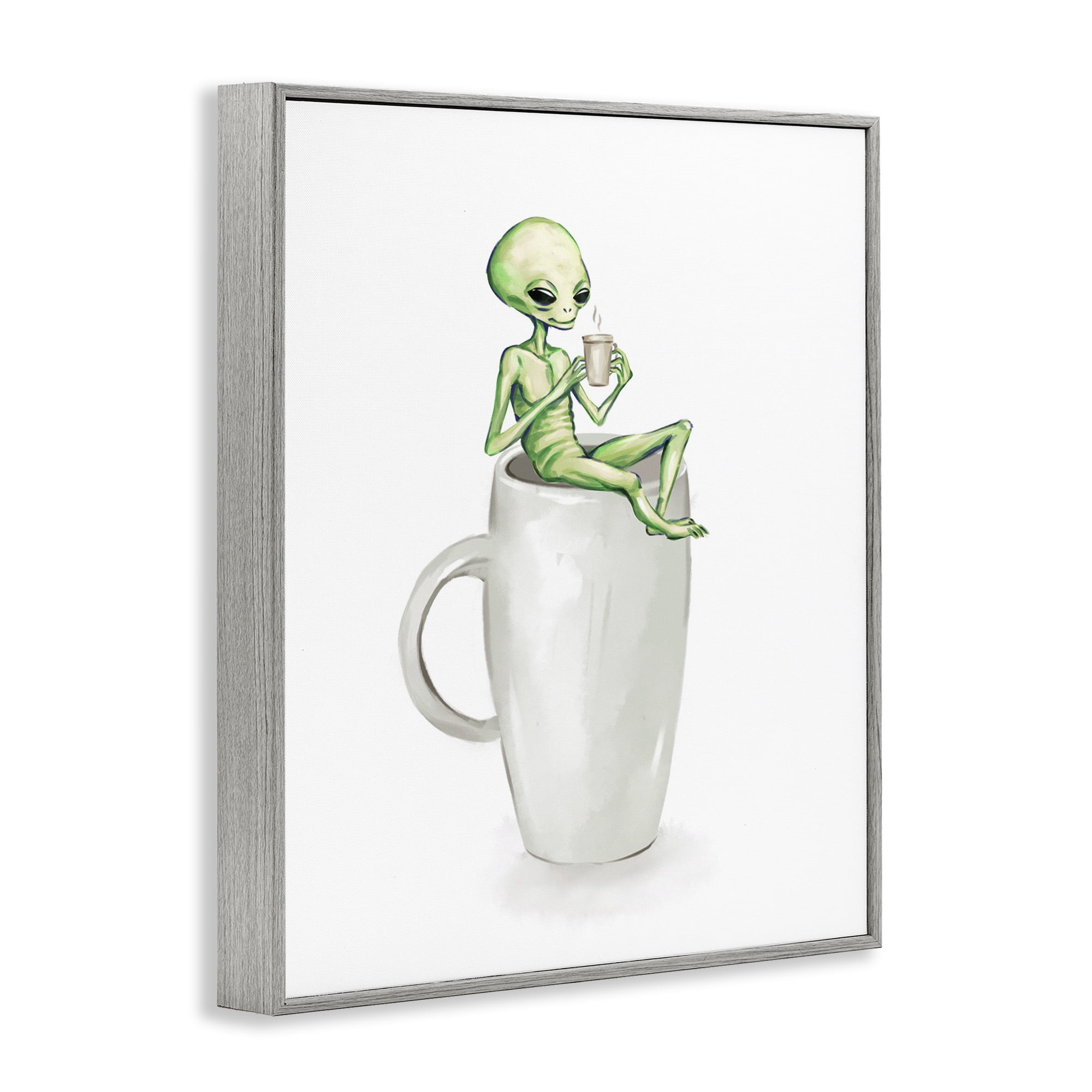 Stupell Industries Alien & Coffee Mug Food & Beverage Painting Gray Framed Art Print Wall Art, 24 x 30