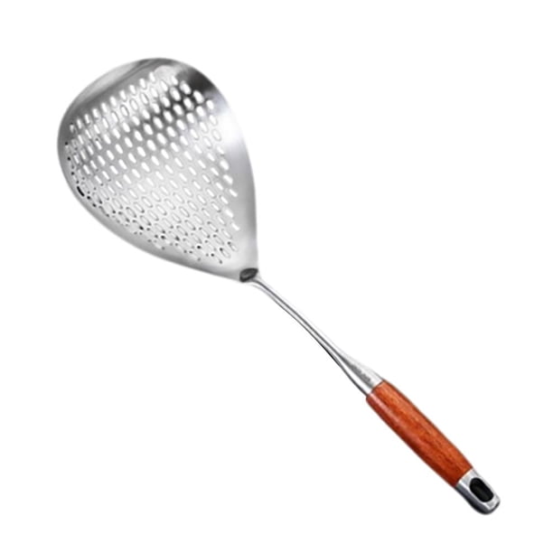SGACAI Cuchara ranurada para espumadera, colador de pasta de acero inoxidable, cuchara ranurada grande con mango largo de madera y orificios para colgar, cuchara coladora para pasta de equilibrio,