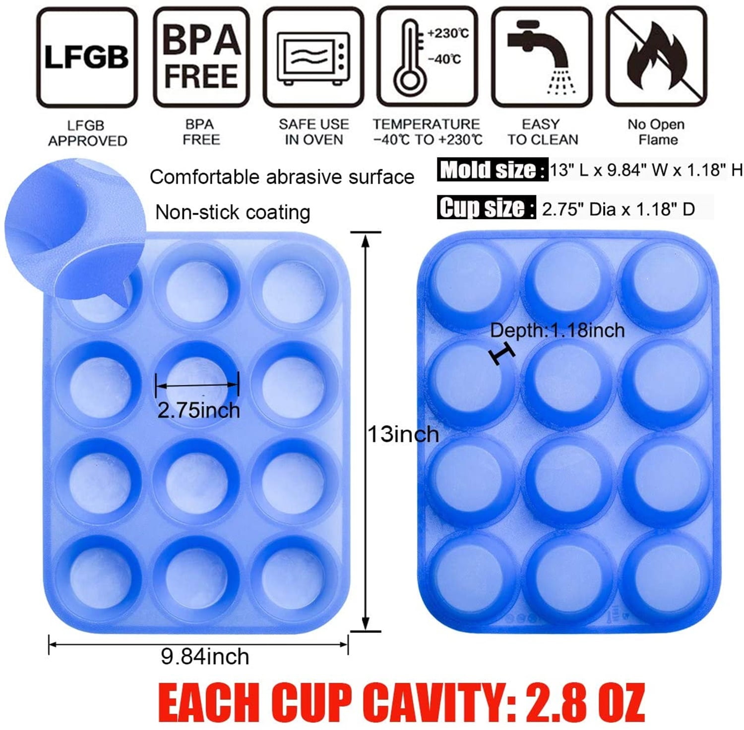 Kepooman Mini 12 Cups Non-Stick Silicone Mold for Baking, Blue Kepooman Mini 12 Cups Non-Stick Silicone Mold for Baking, Blue
