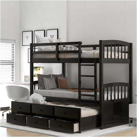 JERFIT Twin over Twin Bunk Bed with Trundle, 3 Storage Drawers, Staircase Ladder, Solid Pine Wood, Espresso Finish