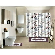 15-Piece Bathroom Set: 2-Rugs/Mats Non Slip, 1 Fabric Shower Curtain, With 12-Fabric Covered Rings, Different Styles and Colors For Home Bath Dcor Peony Purple