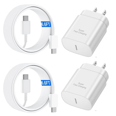 JAYUANOEN 2-Pack 25W USB C Super Fast Wall Charger With 6.6Ft Type C to Type C Cable for Samsung Galaxy S24/S23/S22/S22 Ultra/S22+/S21 Ultra/S21+/S21/S20 Ultra/Note 20 Ultra/Note