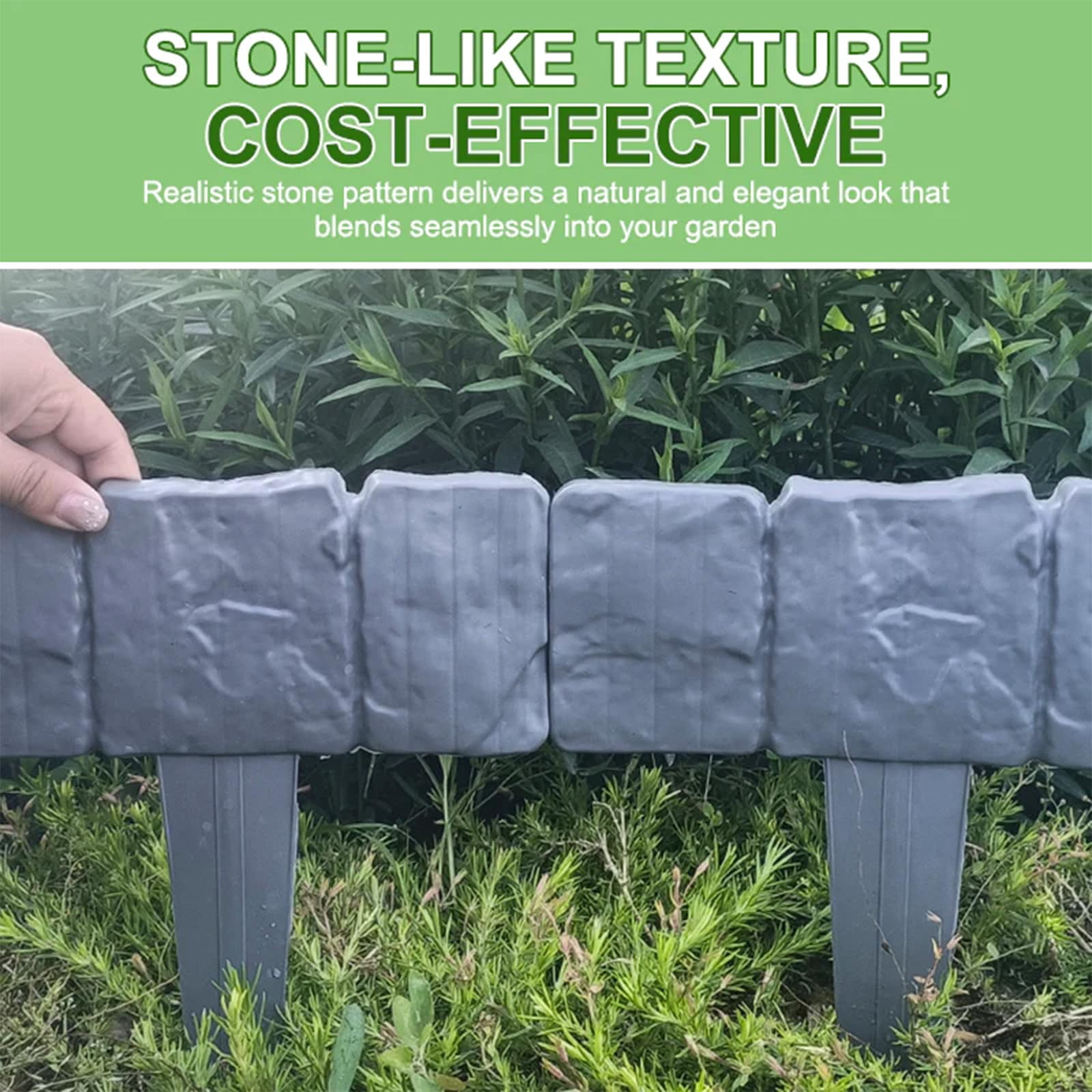 Plastic Garden Retaining Fence, Stone-Look Landscape Edging, Interlocking Border with Stakes, Tool-Free Flower Bed Fence for Yard & Pathways