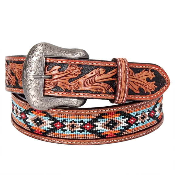 Bar H Equine Hand Carved Western Leather Belt Men Women Beaded Extra Large